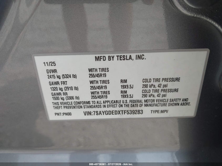 2026 Tesla Model y VIN 7SAYGDEDXTF539283 IAAI salvage auction — REAR END, Wait Title, sold $12,300 on 2026-08-30 (photo 9)
