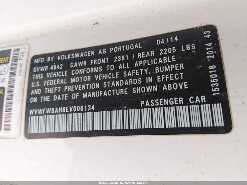 2014 Volkswagen Eos VIN WVWFW8AH8EV006134 IAAI salvage auction — NORMAL WEAR, Salvage Title, sold $350 on 2026-08-14 (photo 9)