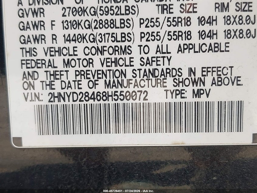 2008 Acura Mdx VIN 2HNYD28468H550072 IAAI salvage auction — NORMAL WEAR, Clear-Dealer Only (Maryland), sold $750 on 2026-08-01 (photo 9)