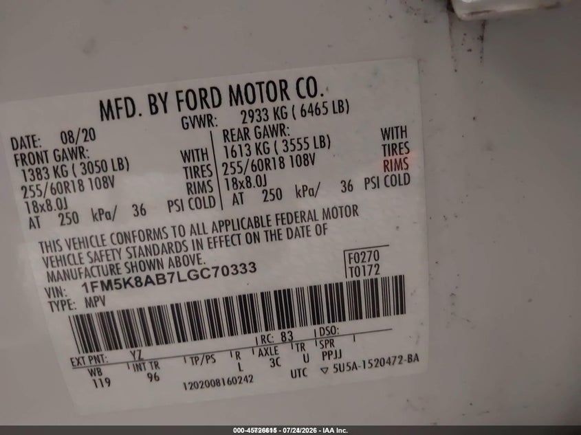 2020 Ford VIN 1FM5K8AB7LGC70333 IAAI salvage auction — NORMAL WEAR, Sf97 (Maryland), sold $12,250 on 2026-08-31 (photo 9)
