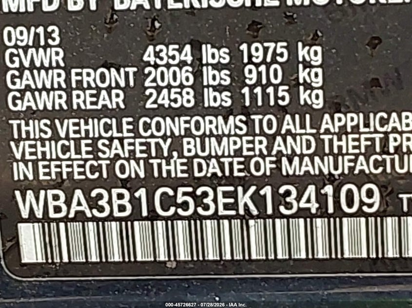 2014 BMW 3er VIN WBA3B1C53EK134109 IAAI salvage auction — FRONT END, Salvage Title, sold $1,200 on 2026-08-14 (photo 9)