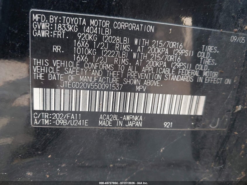 2005 Toyota Rav4 VIN JTEGD20V550091537 IAAI salvage auction — NORMAL WEAR, Clear (North Carolina), sold $725 on 2026-07-30 (photo 9)