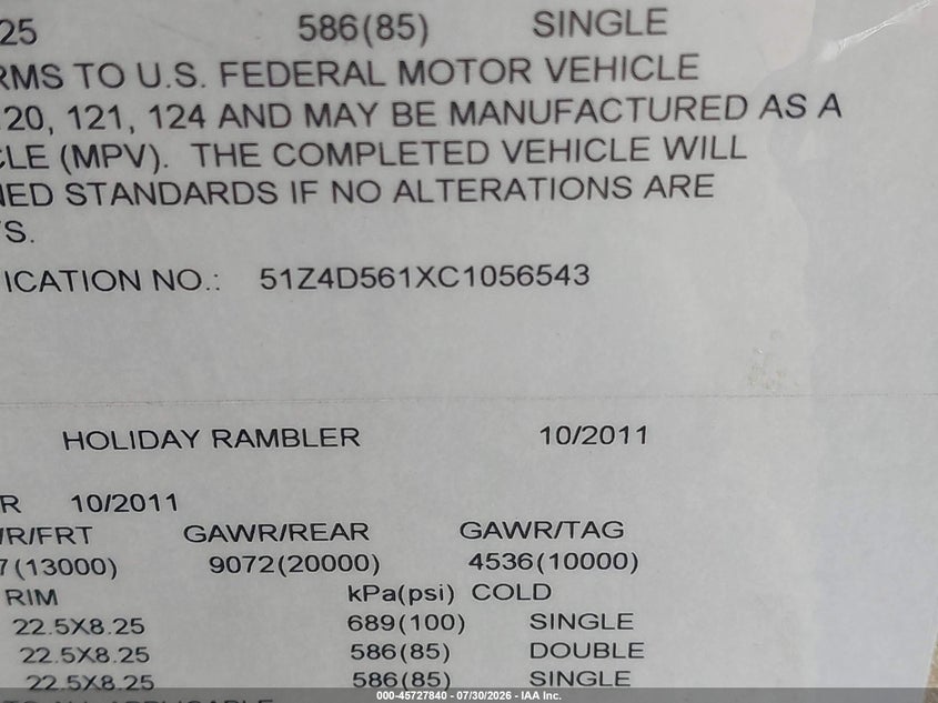 2012 Roadmaster rail Monocoque VIN 51Z4D561XC1056543 IAAI salvage auction — ROOF, Clear (Arkansas), sold $28,550 on 2026-09-16 (photo 8)