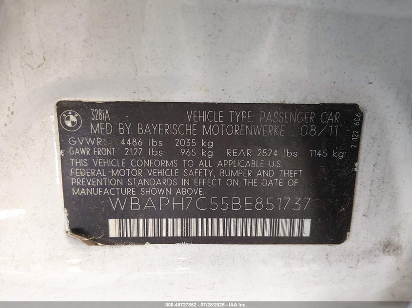2011 BMW 3 series VIN WBAPH7C55BE851737 IAAI salvage auction — SIDE, Clear (Georgia), sold $250 on 2026-07-31 (photo 9)