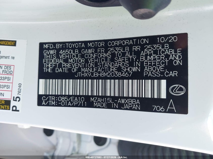 2021 Lexus Ux 250h VIN JTHX9JBH8M2038467 IAAI salvage auction — NORMAL WEAR, Clear - Dealer Only (California), sold $10,100 on 2026-08-27 (photo 9)