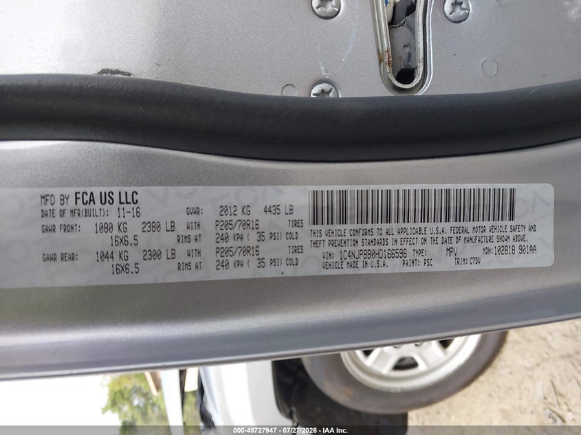 2017 Jeep Liberty (patriot) VIN 1C4NJPBB0HD166596 IAAI salvage auction — FRONT END, Salvage (Pennsylvania), sold $350 on 2026-08-13 (photo 9)