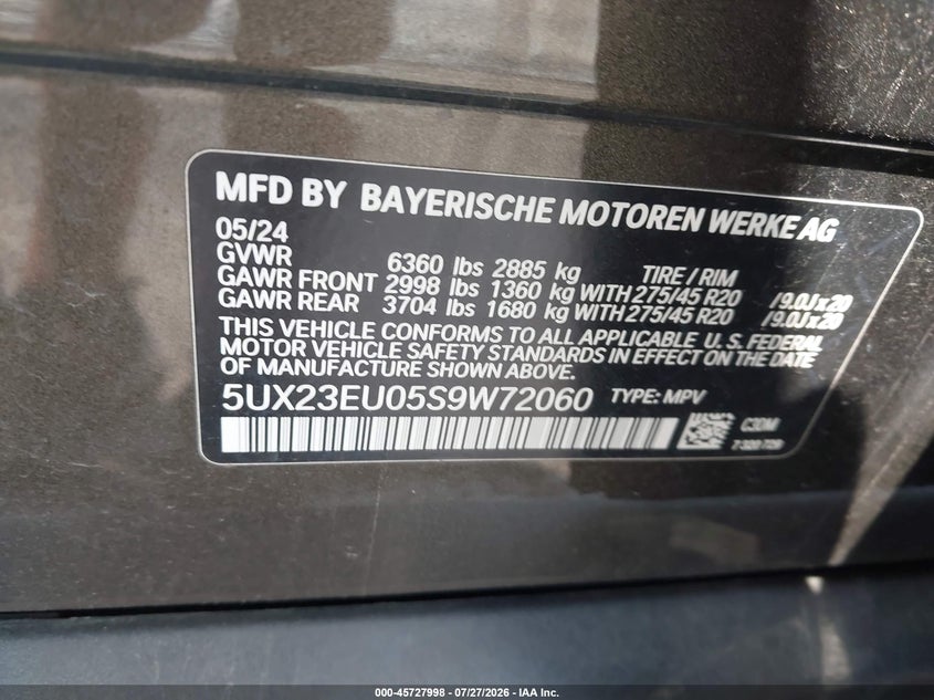 2025 BMW X5 VIN 5UX23EU05S9W72060 IAAI salvage auction — FRONT END, Salvage (Kentucky), sold $11,100 on 2026-07-30 (photo 9)