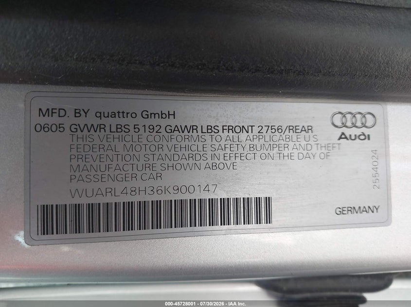 2006 Audi S4 VIN WUARL48H36K900147 IAAI salvage auction — NORMAL WEAR, Clear (Missouri), sold $725 on 2026-08-11 (photo 9)