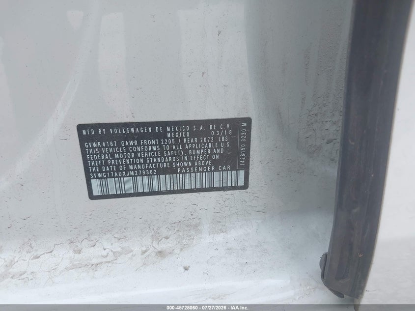 2018 Volkswagen Golf VIN 3VWG17AUXJM279362 IAAI salvage auction — RIGHT FRONT, Wait Title, sold $4,650 on 2026-08-14 (photo 9)