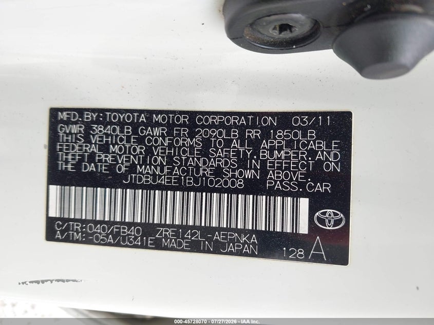 2011 Toyota Corolla VIN JTDBU4EE1BJ102008 IAAI salvage auction — NORMAL WEAR, Clear (Florida), sold $175 on 2026-07-30 (photo 9)