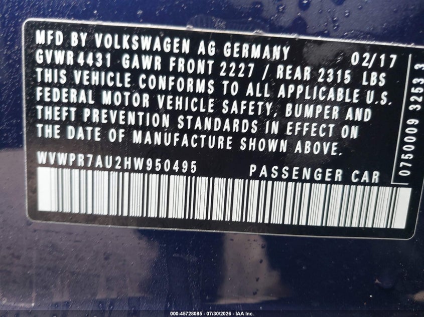 2017 Volkswagen E-golf VIN WVWPR7AU2HW950495 IAAI salvage auction — FRONT END, Salvage (Massachusetts), sold $3,600 on 2026-08-13 (photo 9)