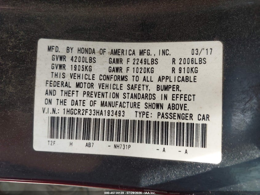 2017 Honda Accord VIN 1HGCR2F33HA193493 IAAI salvage auction — LEFT SIDE, Wait Title, sold $25 on 2026-08-19 (photo 9)