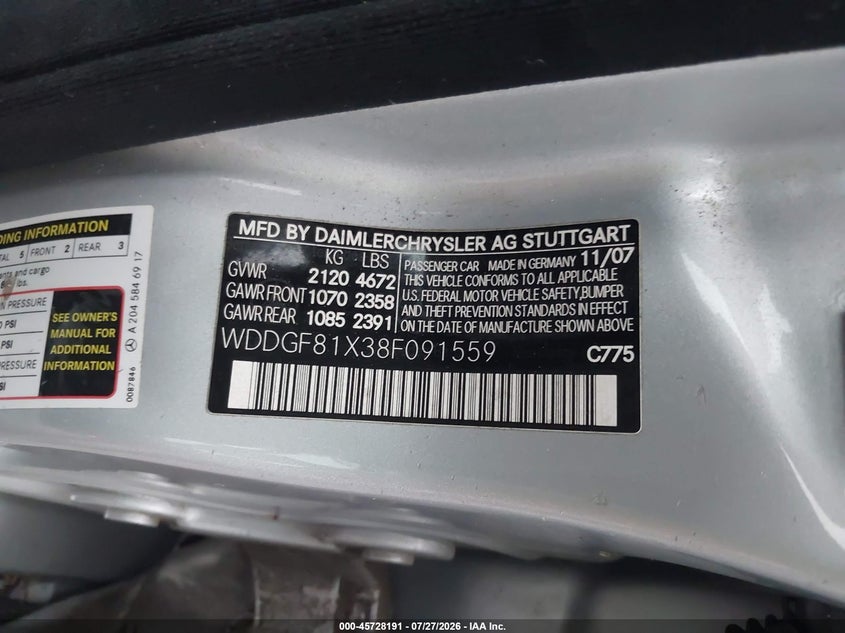 2008 Mercedes-benz C class VIN WDDGF81X38F091559 IAAI salvage auction — RIGHT SIDE, Clear (Wisconsin), sold $525 on 2026-08-04 (photo 9)