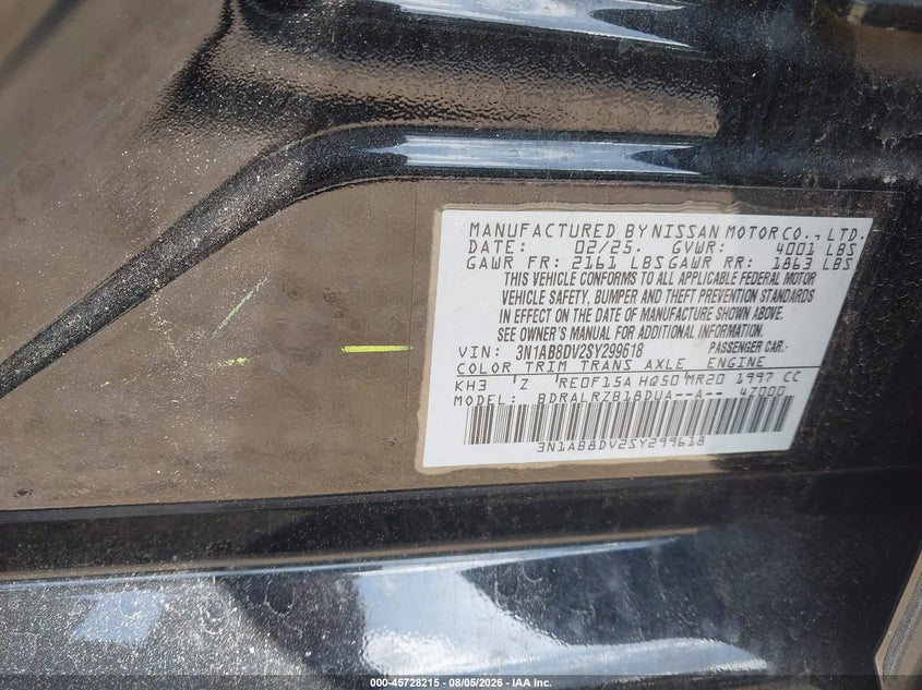 2025 Nissan Sentra VIN 3N1AB8DV2SY299618 IAAI salvage auction — ENGINE DAMAGE, Enterprise Vehicles Clear Only (Texas), sold $7,400 on 2026-08-20 (photo 9)