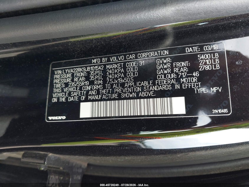 2018 Volvo Xc60 VIN LYVA22RK9JB101542 IAAI salvage auction — FRONT END, Salvage Title, sold $2,450 on 2026-09-05 (photo 9)