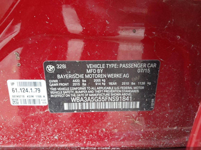 2015 BMW 3er VIN WBA3A5G55FNS91841 IAAI salvage auction — REPOSSESSION, Salvage Title, sold $2,100 on 2026-08-13 (photo 9)