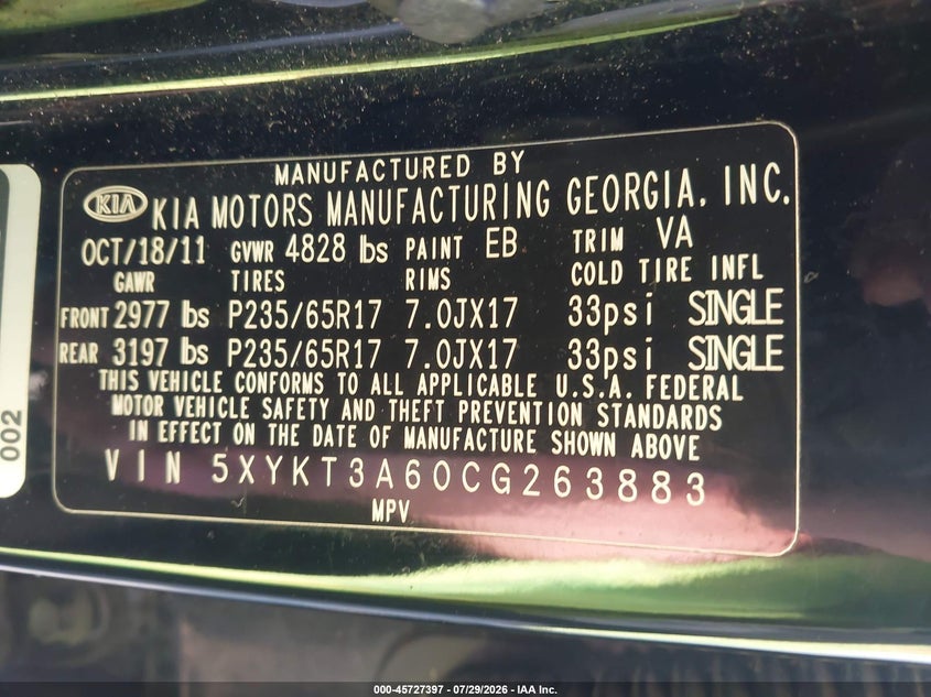 2012 Kia Sorento VIN 5XYKT3A60CG263883 IAAI salvage auction — SIDE, Wait Title, sold $650 on 2026-08-30 (photo 9)