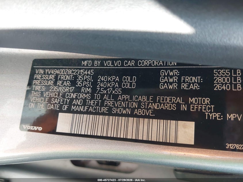 2012 Volvo Xc60 VIN YV4940DZ8C2315445 IAAI salvage auction — FRONT END, Salvage (Pennsylvania), sold $450 on 2026-08-14 (photo 9)