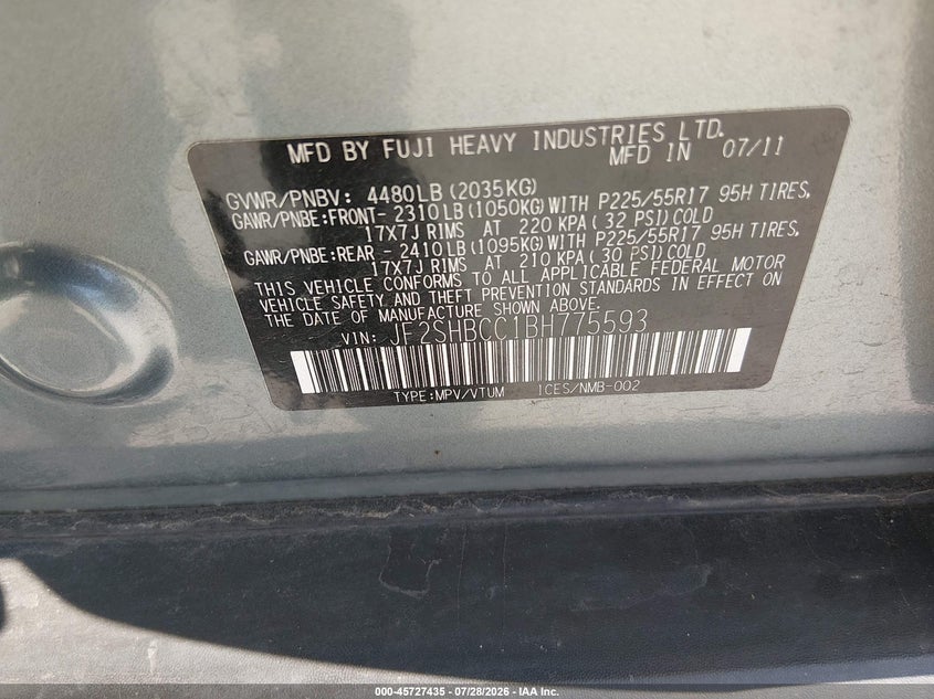 2011 Subaru Forester VIN JF2SHBCC1BH775593 IAAI salvage auction — RIGHT SIDE, Original (Texas), sold $650 on 2026-08-30 (photo 9)