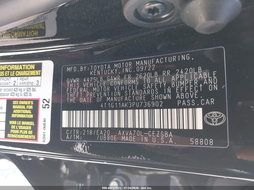 2023 Toyota Camry VIN 4T1G11AK3PU736902 IAAI salvage auction — WATER/FLOOD, Salvage Title, sold $11,400 on 2026-08-03 (photo 9)