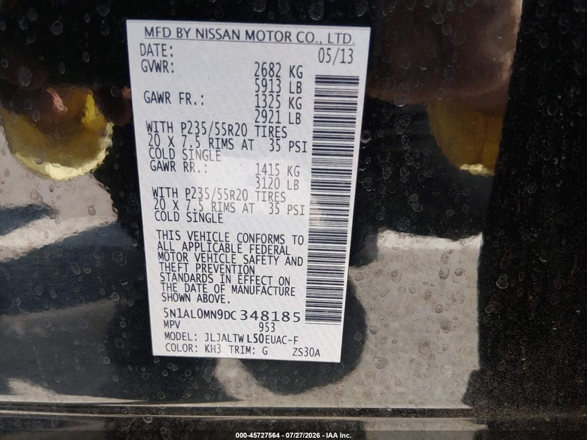 2013 Infiniti Jx VIN 5N1AL0MN9DC348185 IAAI salvage auction — FRONT END, Salvage (Texas), sold $1,325 on 2026-09-02 (photo 9)