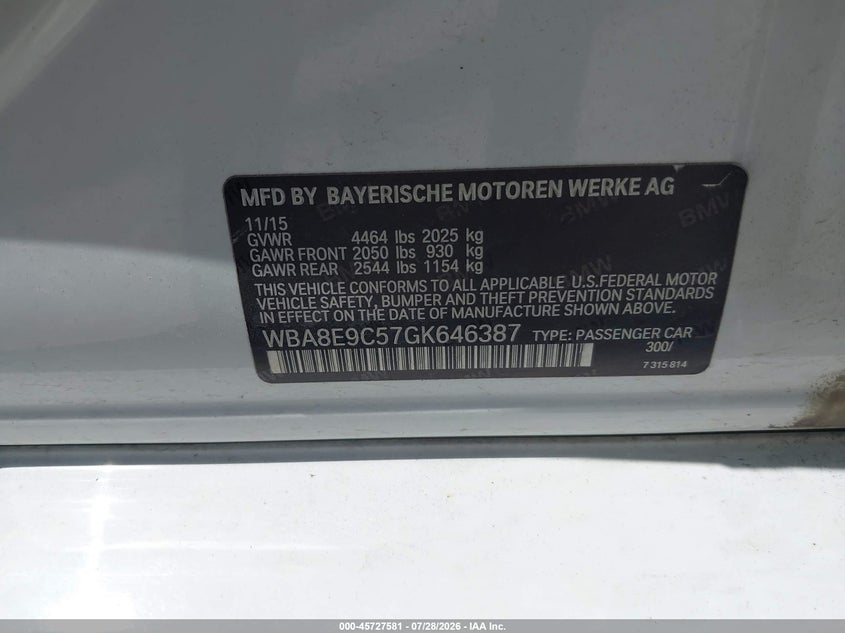 2016 BMW 3er VIN WBA8E9C57GK646387 IAAI salvage auction — LEFT FRONT, Salvage (Texas), sold $3,150 on 2026-08-12 (photo 9)