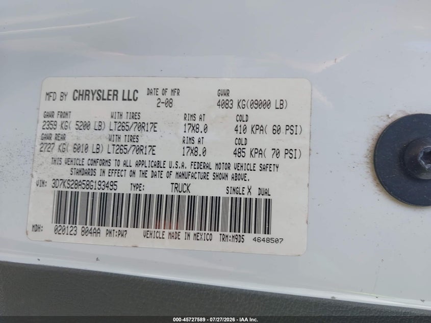 2008 Dodge Ram 2500 VIN 3D7KS28A58G193495 IAAI salvage auction — NORMAL WEAR, Clear (New York), sold $825 on 2026-08-01 (photo 9)