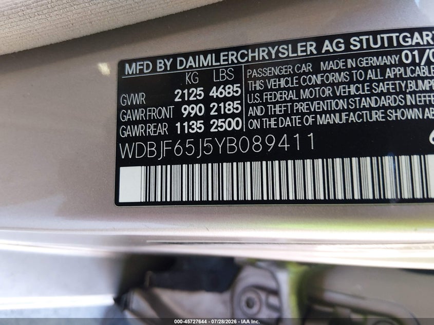 2000 Mercedes-benz E-class VIN WDBJF65J5YB089411 IAAI salvage auction — FRONT END, Salvage (California), sold $250 on 2026-08-03 (photo 9)