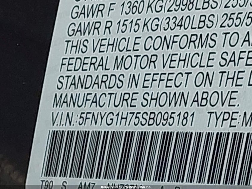 2025 Honda Pilot VIN 5FNYG1H75SB095181 IAAI salvage auction — LEFT SIDE, Salvage Title, sold $21,950 on 2026-09-15 (photo 9)