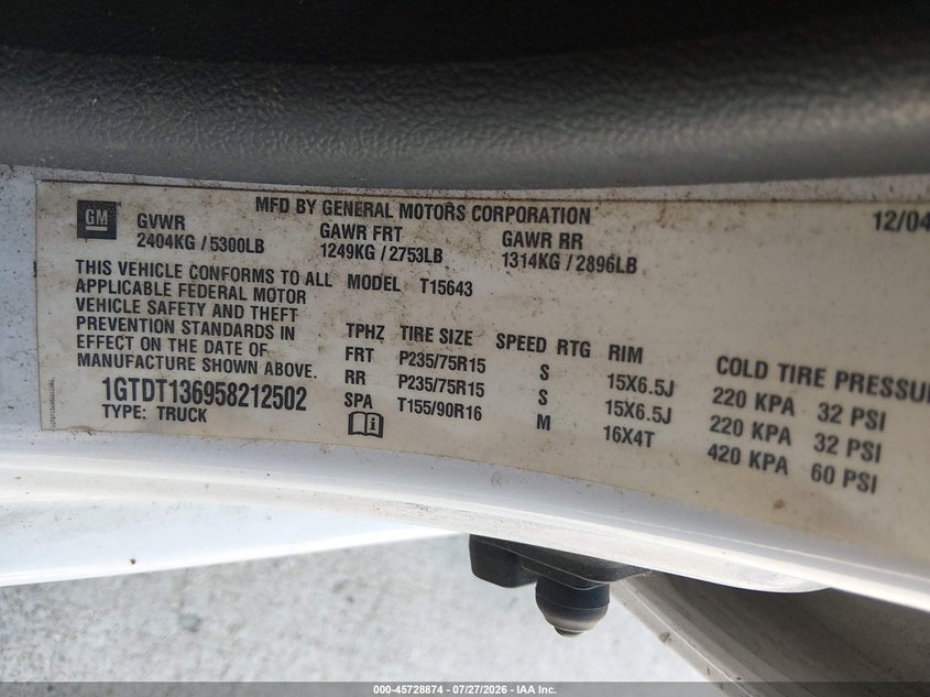 2005 Gmc Canyon VIN 1GTDT136958212502 IAAI salvage auction — NORMAL WEAR, Clear (Missouri), sold $400 on 2026-09-01 (photo 8)
