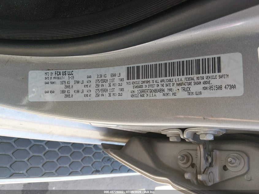 2019 Ram 1500 VIN 1C6RRERT6KN864894 IAAI salvage auction — FRONT END, Wait Title, sold $5,100 on 2026-08-26 (photo 9)