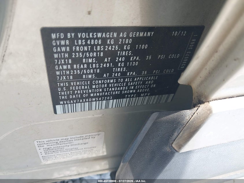 2013 Volkswagen Tiguan VIN WVGAV7AX6DW547203 IAAI salvage auction — NORMAL WEAR, Salvage Title, sold $375 on 2026-08-06 (photo 9)
