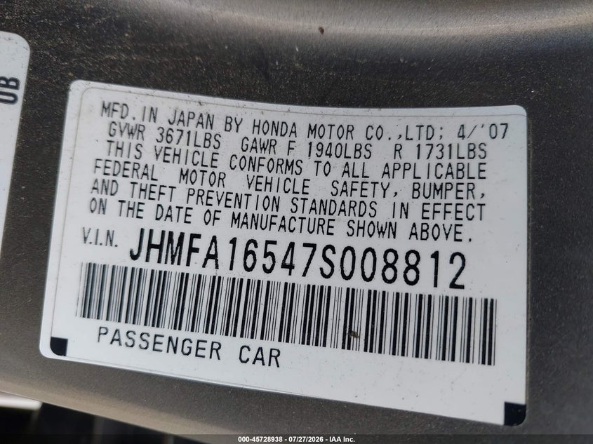 2007 Honda Civic VIN JHMFA16547S008812 IAAI salvage auction — NORMAL WEAR, Clear - Dealer Only (California), sold $25 on 2026-07-30 (photo 9)