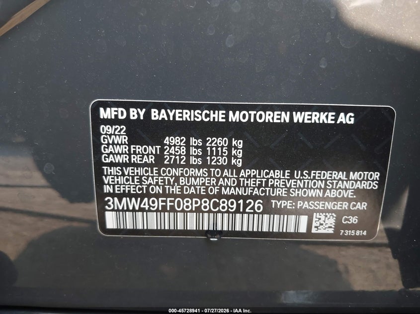 2023 BMW 3er VIN 3MW49FF08P8C89126 IAAI salvage auction — REAR END, Wait Title, sold $16,200 on 2026-08-26 (photo 9)