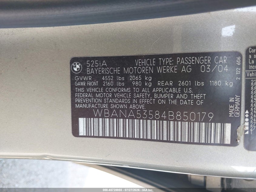 2004 BMW 5 series VIN WBANA53584B850179 IAAI salvage auction — NORMAL WEAR, Clear (Tennessee), sold $275 on 2026-08-04 (photo 9)