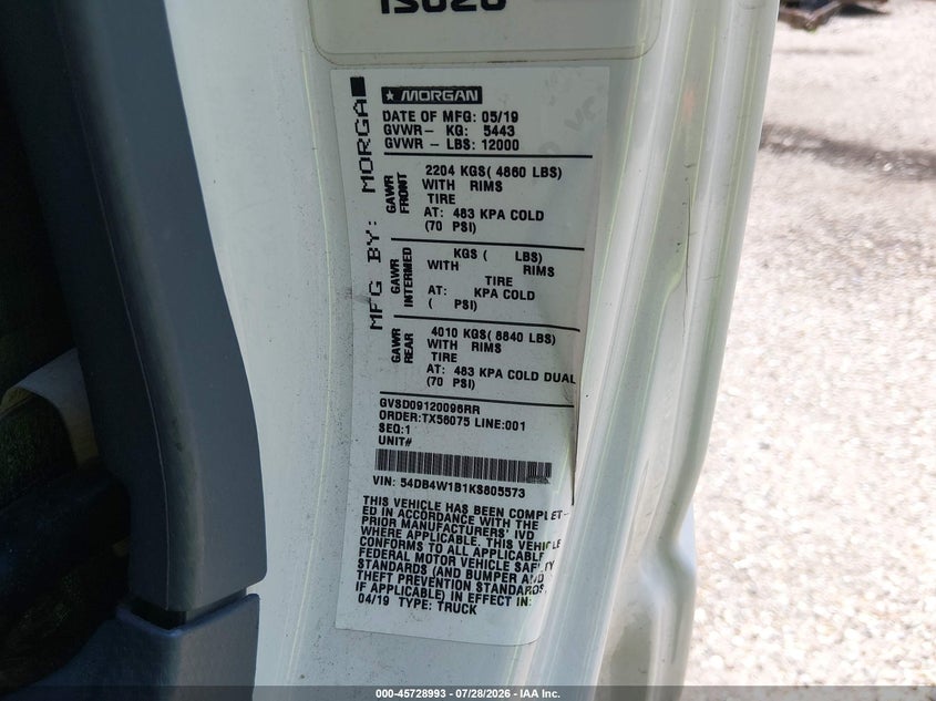 2019 Isuzu Npr VIN 54DB4W1B1KS805573 IAAI salvage auction — FRONT END, Salvage (Louisiana), sold $1,000 on 2026-08-17 (photo 8)
