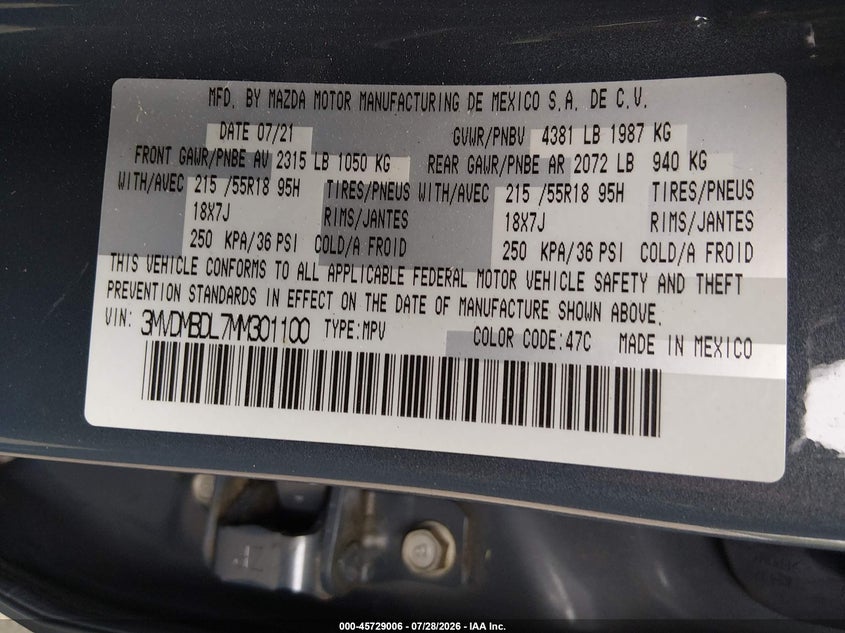 2021 Mazda Cx-30 VIN 3MVDMBDL7MM301100 IAAI salvage auction — LEFT REAR, Salvage (Massachusetts), sold $8,300 on 2026-08-26 (photo 9)