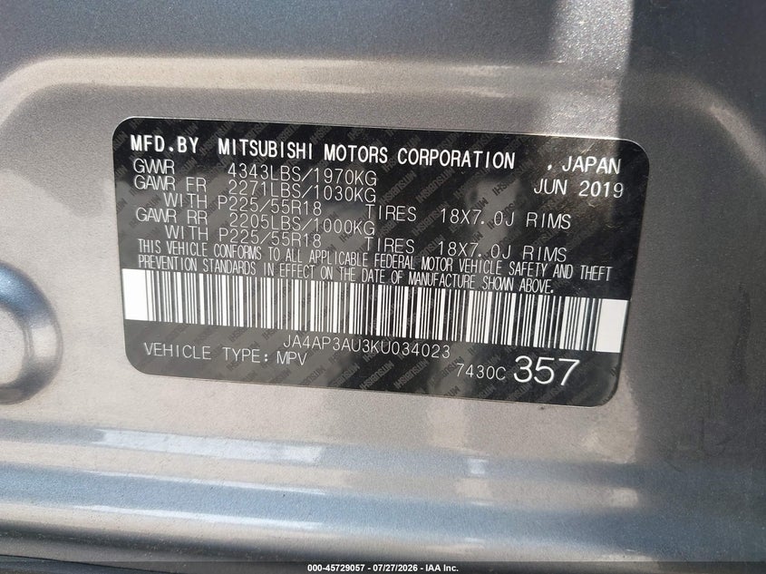 2019 Mitsubishi Outlander sport VIN JA4AP3AU3KU034023 IAAI salvage auction — RIGHT SIDE, Clear (New Jersey), sold $25 on 2026-07-28 (photo 9)