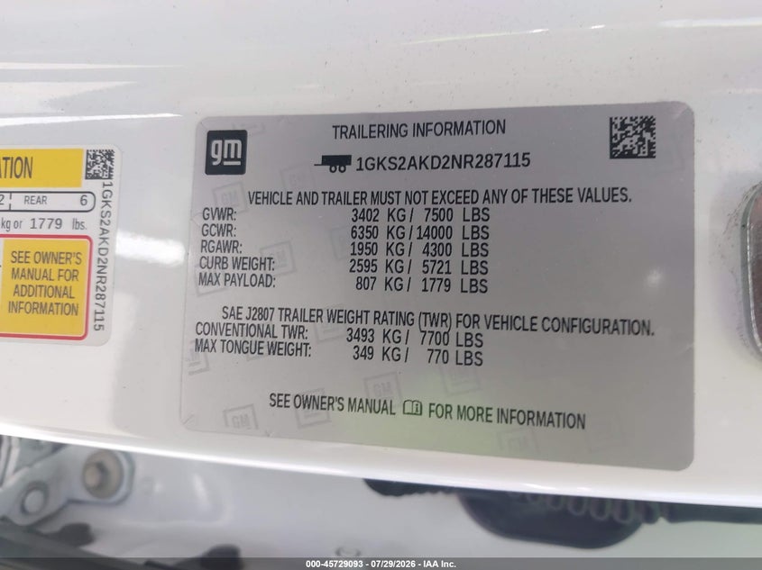 2022 Gmc Yukon VIN 1GKS2AKD2NR287115 IAAI salvage auction — SIDE, Wait Title, sold $18,300 on 2026-08-20 (photo 9)