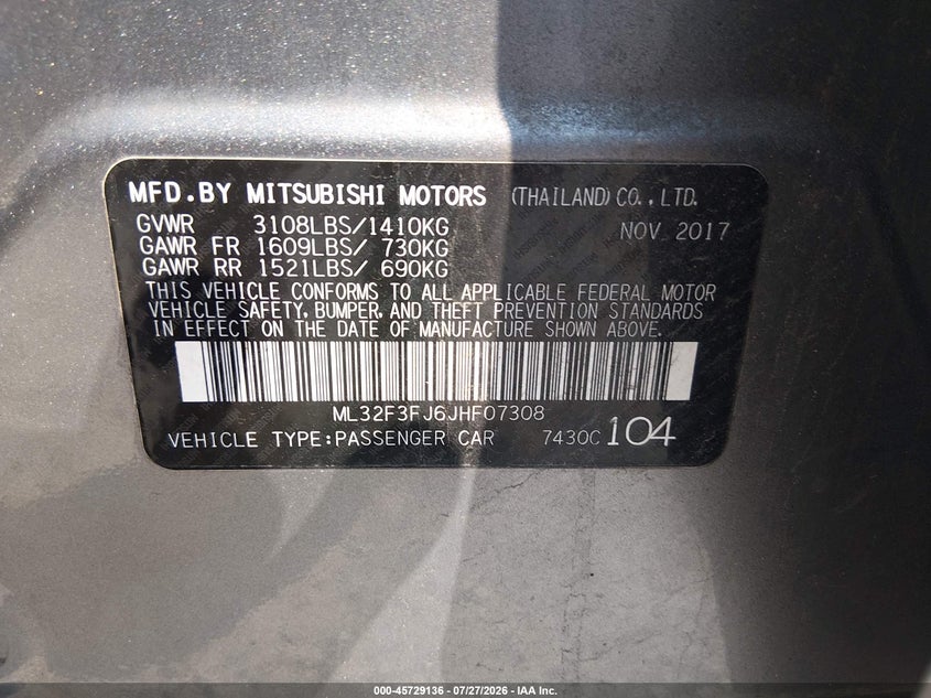 2018 Mitsubishi Mirage VIN ML32F3FJ6JHF07308 IAAI salvage auction — NORMAL WEAR, Clear (New Jersey), sold $25 on 2026-07-28 (photo 9)