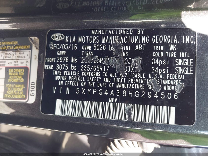 2017 Kia Sorento VIN 5XYPG4A38HG294506 IAAI salvage auction — NORMAL WEAR, Clear (New Jersey), sold $2,425 on 2026-08-01 (photo 9)