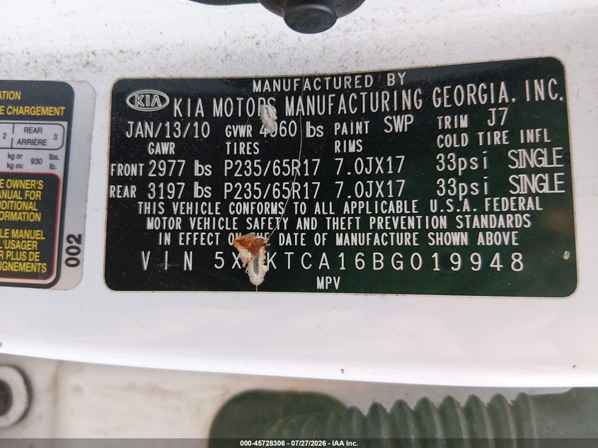 2011 Kia Sorento VIN 5XYKTCA16BG019948 IAAI salvage auction — NORMAL WEAR, Clear (Pennsylvania), sold $875 on 2026-07-28 (photo 9)