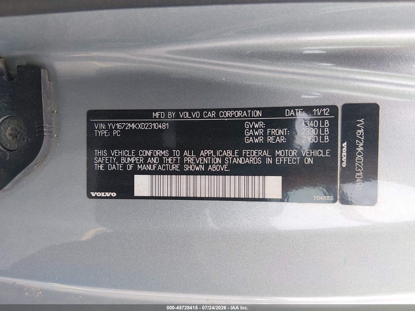 2013 Volvo C30 VIN YV1672MKXD2310481 IAAI salvage auction — NORMAL WEAR, Wait Title, sold $325 on 2026-08-05 (photo 9)