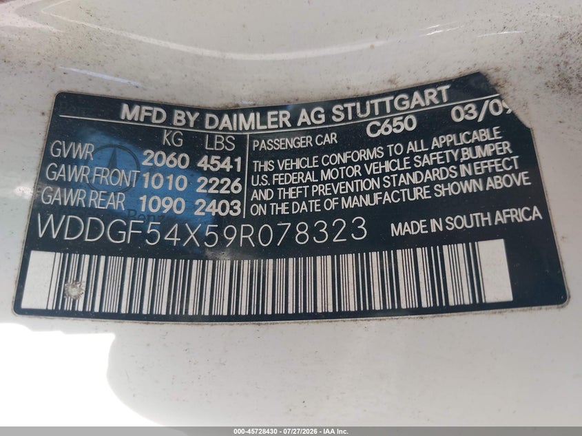 2009 Mercedes-benz C-klasse VIN WDDGF54X59R078323 IAAI salvage auction — ROOF, Salvage (California), sold $725 on 2026-08-20 (photo 9)