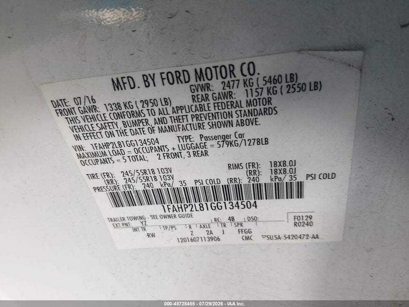 2016 Ford Taurus VIN 1FAHP2L81GG134504 IAAI salvage auction — FRONT END, Salvage (New Mexico), sold $375 on 2026-09-27 (photo 9)