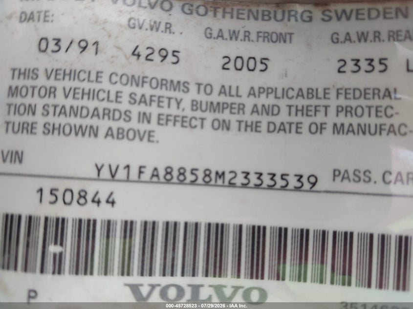 1991 Volvo 740 VIN YV1FA8858M2333539 IAAI salvage auction — NORMAL WEAR, Clear (North Carolina), sold $375 on 2026-08-13 (photo 9)