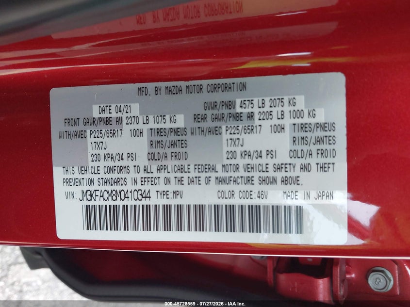 2021 Mazda Cx-5 VIN JM3KFACM8M0410344 IAAI salvage auction — REAR END, Rebuildable (Florida), sold $7,100 on 2026-08-19 (photo 9)