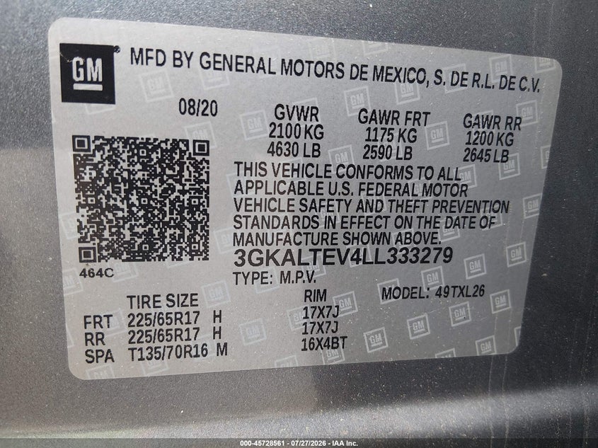 2020 Gmc Terrain VIN 3GKALTEV4LL333279 IAAI salvage auction — FRONT END, Salvage (Idaho), sold $3,600 on 2026-08-20 (photo 9)