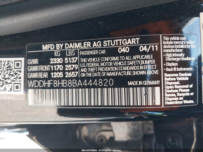 2011 Mercedes-benz E-class VIN WDDHF8HB8BA444820 IAAI salvage auction — REAR END, Salvage (Pennsylvania), sold $925 on 2026-08-10 (photo 9)