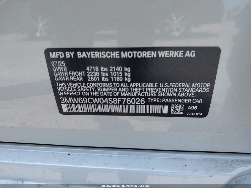 2025 BMW 3er VIN 3MW69CW04S8F76026 IAAI salvage auction — REAR END, Wait Title, sold $21,300 on 2026-08-29 (photo 9)